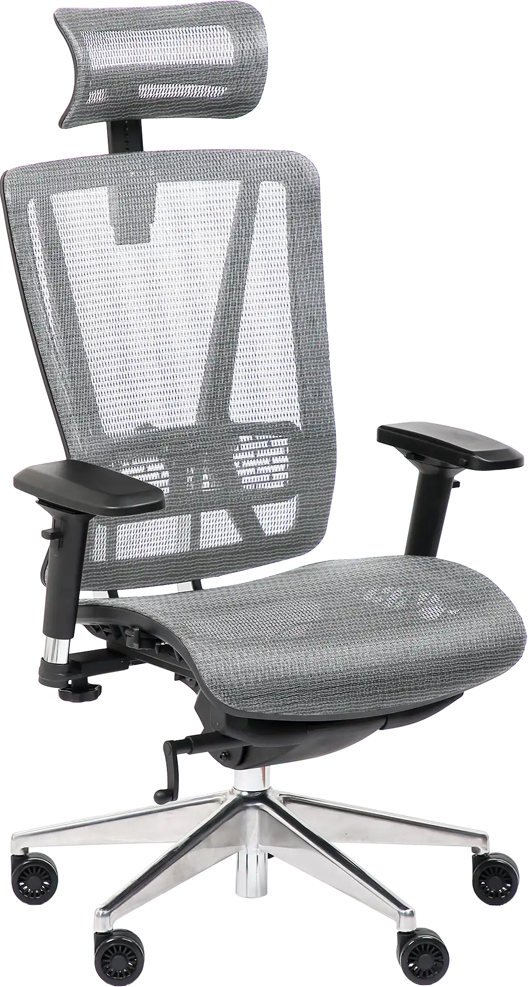 FAUTEUIL VASEAT SYNCHRONE TOUT MAILLE GRIS, ACCOUDOIRS 4D, PIED ALU